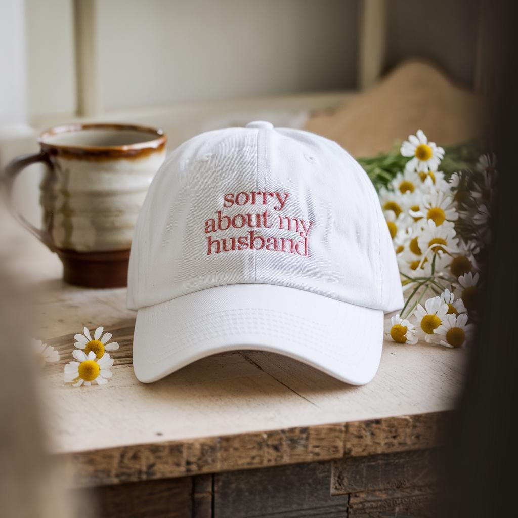 Sorry About My Husband Hat, Embroidered White Cotton Cap, Funny Wife Hat, Sarcastic Marriage Gift, Adjustable Dad Hat for Women