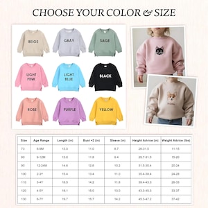 Pu&ograve; includere: Una collezione di felpe a maniche lunghe con girocollo in beige, grigio, salvia, rosa chiaro, azzurro, nero, rosa, viola e giallo. Include una tabella delle taglie con misure in cm e kg, oltre a esempi con ricami di gatti e cani.