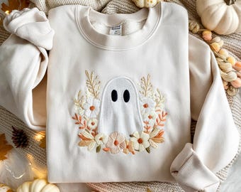 Embroidered Halloween Ghost Sweatshirt, Floral Spooky Season