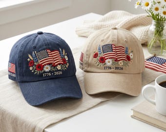 Historic 250 Years of Freedom Keepsake, Cottagecore 4th of July Apparel, Red Poppy Daisy Flag Hat, Women's Americana Garden Party Cap