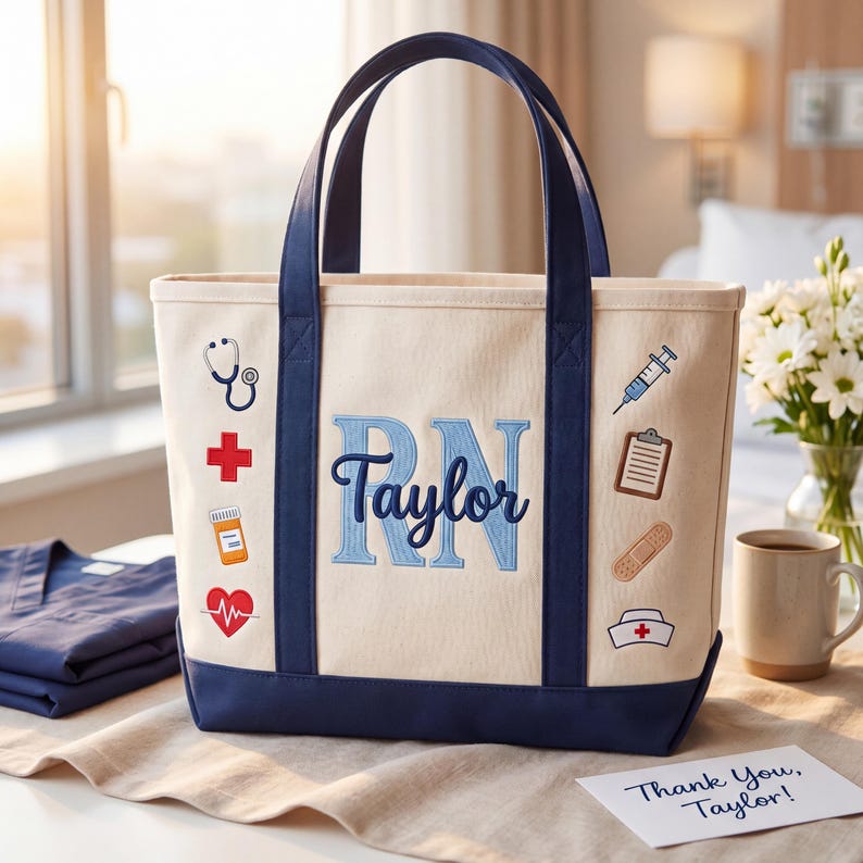 Pode incluir: Bolsa tote creme com detalhes e al&ccedil;as azul marinho. A bolsa apresenta o nome "Taylor" e "RN" bordados em azul, juntamente com emblemas m&eacute;dicos. Um cart&atilde;o diz "Thank You, Taylor!"