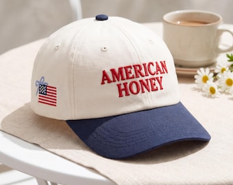 American Honey Embroidered Hat, Patriotic USA Baseball Cap, 4th of July Girly Hat, Vintage American Flag Cap, Cute Summer Hat
