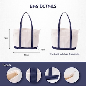 Pode incluir: Bolsa tote branca com detalhes em azul marinho. A bolsa tem 45 cm de largura, 33 cm de altura e 9 cm de profundidade. Possui al&ccedil;as e acabamentos em azul marinho. A parte de tr&aacute;s tem 3 bolsos. O texto "BAG DETAILS" est&aacute; no topo.