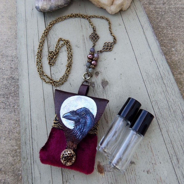 Oil Roller Bottle POUCH Full Moon CROW ART Hand Painted Raven Vegan Leather Faux Leather Crystal Keeper Necklace Animal Totem Gifts for Her
