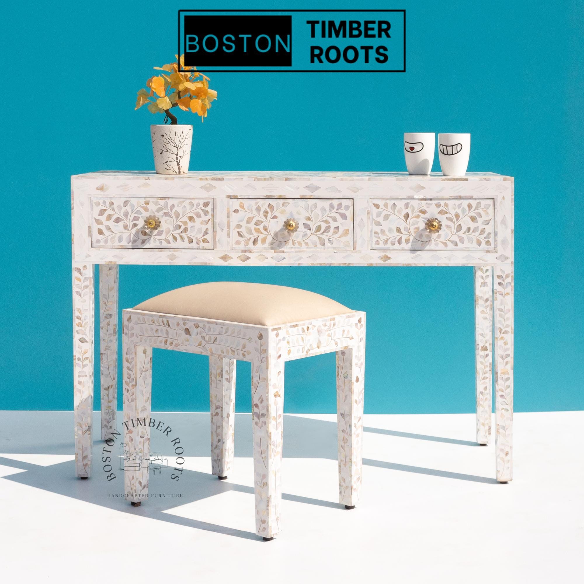 Mother of Pearls Makeup White dressing table with stool Vanity table 3 Drawers Vanity Table Mother of Pearls inlay Desk makeup table set