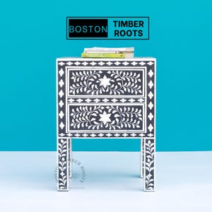 Handmade Bone Inlay Nightstand | Antique 2-Drawer Bedside Table, Artistic Bone Side Table, Decorative Chest, Luxury Bedroom Accent Furniture