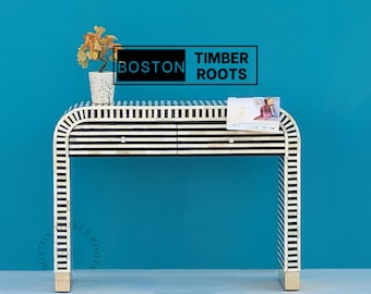 Black Entryway console table, 2 Drawer waterfall desk, Standing Desk, Behind Couch, Sit Stand Desk Wood Sofa Table, Bone inlay console table