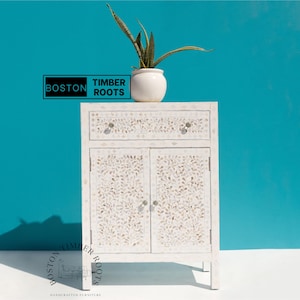 Mother of Pearl Inlay Cabinet – Handmade 1 Drawer 2 Door Sideboard – Bone Inlay Buffet – Luxury Storage Cabinet – Boho Entryway Furniture