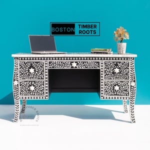 Bone Inlay floral Executive Desk with Drawers, Handmade Black Writing/Study Table, Indian Bone Inlay Computer Desk, Unique Office Furniture