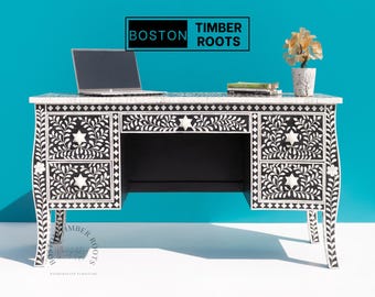 Bone Inlay floral Executive Desk with Drawers, Handmade Black Writing/Study Table, Indian Bone Inlay Computer Desk, Unique Office Furniture