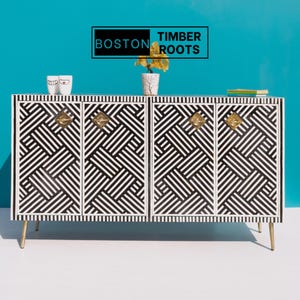 Bone Inlay Sideboard Cabinet, Black 4-Door Inlay Storage with Metal Base, Handmade Buffet, Modern Boho Credenza, Indian Furniture