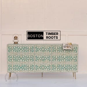 Bone inlay chest of drawer, Handcrafted boho Sideboard with 9 Drawer, bone inlay cabinet, Moroccan Pattern green chest, Wood Storage Cabinet