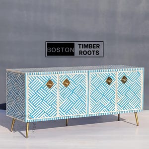 Large Tv console wide record player stand Statement furniture Bone inlaid Handcrafted Media Cabinet Entertainment Center cabinet H26xW60xD18