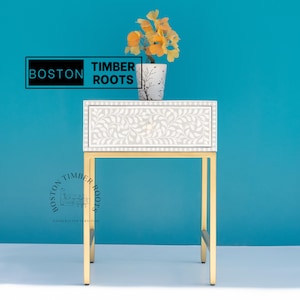 Bone Inlay Nightstand with Modern Metal Base | Handmade 1 Drawer Bedside Table, Artistic Sofa Side Table, Bedroom & Living Room Furniture