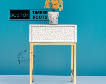 Bone Inlay Nightstand with Modern Metal Base | Handmade 1 Drawer Bedside Table, Artistic Sofa Side Table, Bedroom & Living Room Furniture
