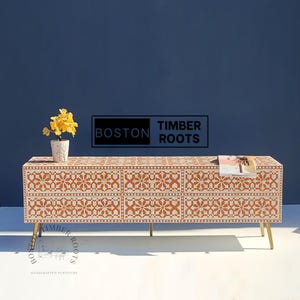 Low Profile TV stand, 6 Drawer Entertainment Center, Bone inlay orange Tv Cabinet, Bone inlay lowboard TV furniture Boho Record Player Stand