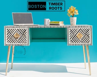 Handmade Bone Inlay Office Desk | Artistic Study Table | Bohemian Work Desk with Drawers | Bone Inlay Desk with Storage | Modern Home Desk