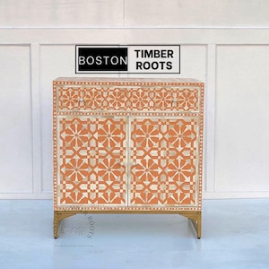 Bone inlay handcrafted storage cabinet- orange entryway sideboard - Studio cabinet - 2 Door Wood Buffet Cabinet - Farmhouse 36" Wide Cabinet