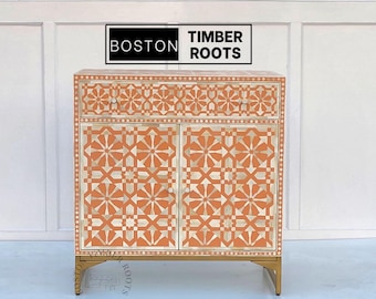 Bone inlay handcrafted storage cabinet- orange entryway sideboard - Studio cabinet - 2 Door Wood Buffet Cabinet - Farmhouse 36" Wide Cabinet