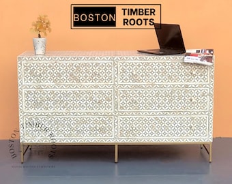 Sideboard cabinet with 6 Drawers, Art Deco Tv console, Bone inlay wide table top, Media cabinet, Chest of drawer, Home Storage Furniture