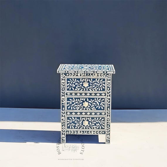 象嵌ベッドサイドテーブル インディゴブルーのベッドサイドテーブル、骨象嵌、3つの引き出し