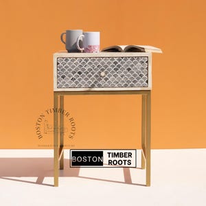 Modern Bone Inlay Nightstand with Gold Legs | Handmade 1 Drawer Side Table | Bedroom Accent Piece | Living Room | Entryway Statement Decor