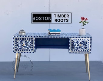 Mother of pearls indigo blue desk w/ drawers, Modern Writing Desk, Vanity Desk for Bedroom, Dressing Table, Wood Home Office Standing Desk