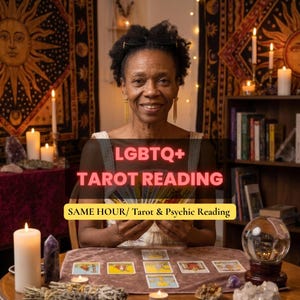 Puede incluir: Una persona sosteniendo un abanico de cartas de tarot con el texto superpuesto LGBTQ+ TAROT READING y SAME HOUR/ Tarot & Psychic Reading. La escena incluye velas encendidas, una bola de cristal y cartas de tarot sobre una superficie de terciopelo.