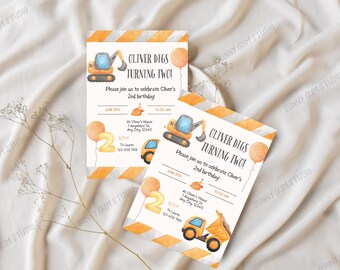 Invitation fête d'anniversaire construction : thème I Dig Turning (âge modifiable), fête d'anniversaire d'enfants, invitation modifiable, modèle de toile, Diggers