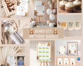 May include: A selection of party decorations for a "Beary 1st Birthday". The set includes invitations, a welcome sign, cupcake toppers, a banner, water bottle labels, a photo frame, and other items. The theme features teddy bear illustrations.
