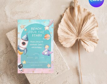 May include: A pastel-coloured invitation with a space theme. The text "Reach Four The Stars" is at the top, with a rocket ship, planets, and stars. The invitation is for a 4th birthday party. A dried palm leaf and a stone block are in the background.