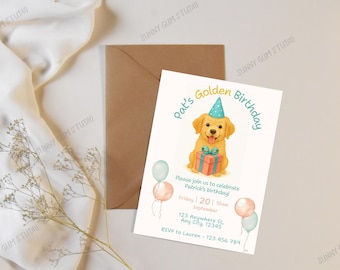 Op de afbeelding: Een verjaardagsuitnodiging met een aquarel illustratie van een Golden Retriever met een feesthoedje en een cadeau. De uitnodiging luidt "Pat's Golden Birthday" met evenementdetails en RSVP-informatie. Inclusief twee ballonnen en een bruine envelop.