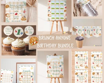 May include: A collection of birthday party decorations with a brunch theme. Includes invitations, cupcake toppers, a banner, and signs. The color scheme is light brown, white, and yellow with illustrations of food items like croissants and pancakes. The text says "Brunch Anyone Birthday Bundle".