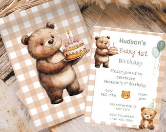 Beary First Birthday Party Invitation: 1st Birthday Party, Editable Invitation, Canva Template
