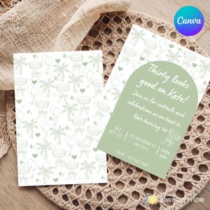 May include: Two invitation cards with a tropical theme. One card features a pattern of palm trees, balloons, and hearts. The other card has text that reads "Thirty looks good on Kate!" and party details. The cards are light green and white.