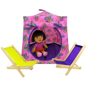 Toy Pop Up Tent, 2 Sleeping Bags, Pink, Butterfly Print Fabric for Dolls, Stuffed Animals