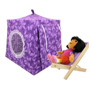 Toy Pop Up Tent, 2 Sleeping Bags, Purple, Butterfly Print Fabric for Dolls, Stuffed Animals