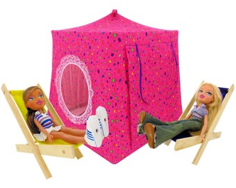 Toy Pop Up Tent, 2 Sleeping Bags, Dark Pink, Multicolor Square Print Fabric for Dolls, Stuffed Animals