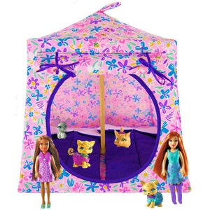 Toy Pop Up Tent, 2 Sleeping Bags, Light Pink, Multicolor Flower Print Fabric for Dolls, Stuffed Animals
