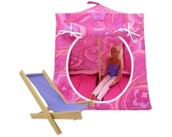 Toy Pop Up Tent, Sleeping Bags, Shades Of Pink, Flower & Swirl Print Fabric for Dolls, Stuffed Animals