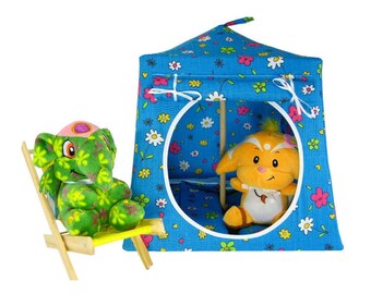 Toy Pop Up Tent, Sleeping Bags, Aqua, Flower Print Fabric for Stuffed Animals, Dolls