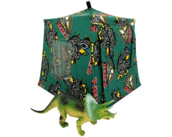 Toy Pop Up Tent, Sleeping Bags, Forest Green, T-Rex Dinosaur Print Fabric for Action Figures, Stuffed Animals, Dolls