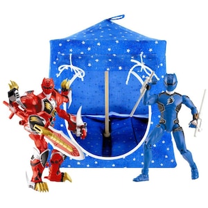Toy Pop Up Tent, 2 Sleeping Bags, Light Blue, Silver Star Print Sparkling Fabric for Action Figures, Stuffed Animals, Dolls