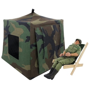 Toy Pop Up Tent, 2 Sleeping Bags, Green Black Brown Camouflage Print Fabric for Dolls, Action Figures or Stuffed Animals