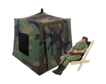 Toy Pop Up Tent, Sleeping Bags, Green Black Brown Camouflage Print Fabric for Dolls, Action Figures or Stuffed Animals