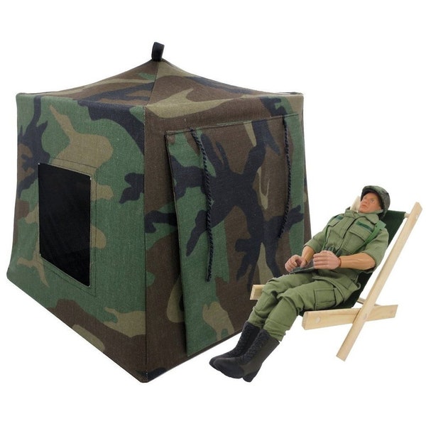 Toy Pop Up Tent, Sleeping Bags, Green Black Brown Camouflage Print Fabric for Dolls, Action Figures or Stuffed Animals