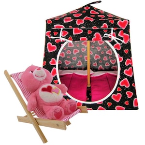 Toy Pop Up Tent, 2 Sleeping Bags, Black, Sparkling Heart Print Fabric for Stuffed Animals, Dolls