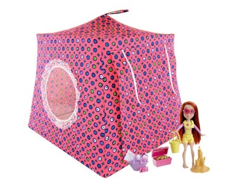 Toy Pop Up Tent, Sleeping Bags, Pink, Flower Print Fabric for Dolls, Stuffed Animals
