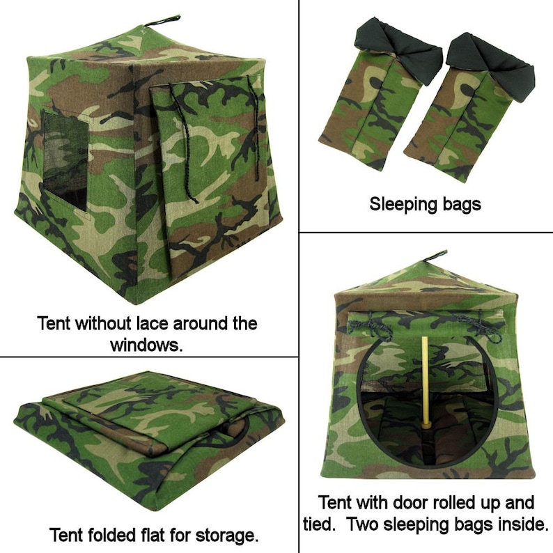 Toy Pop Up Tent green black brown camouflage print fabric for dolls Sleeping Bags action figures or stuffed animals