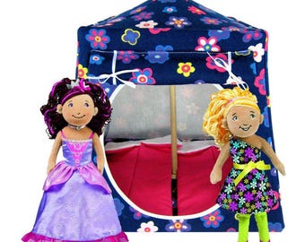 Toy Pop Up Tent, 2 Sleeping Bags, Navy Blue, Flower Print Fabric for Dolls, Stuffed Animals